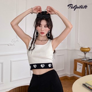 PALPITATE เสื้อกล้ามสายเดี่ยวผู้หญิง ลายหัวใจ สั้น ทรงเข้ารูป เสื้อกล้ามถัก ท่อนบนครอปด้านใน