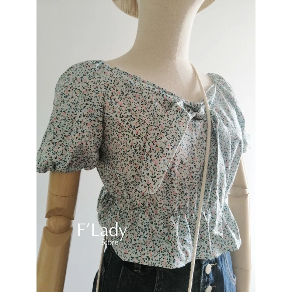 WS144 เสื้อครอปแขนตุ๊กตาผูกโบว์หน้าลายดอกไม้ thumbnail 4