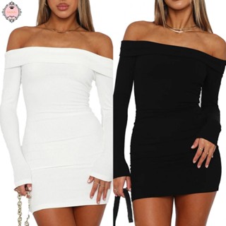 Women Autumn Sexy Off Shoulder Long Sleeve Bodycon Solid Basic Casual Dress