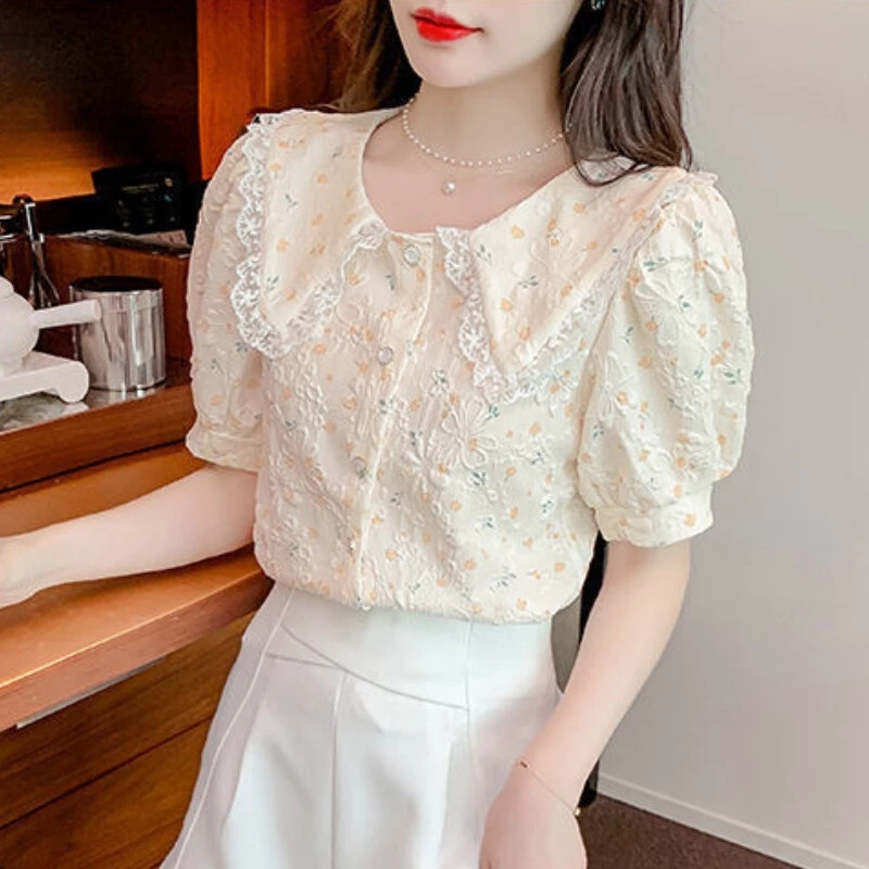 เสื้อลายดอกไม้สไตล์เกาหลีแขนสั้นผ้าชีฟอง thumbnail 5