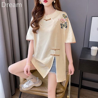 Summer new mid-length embroidered stand collar short-sleeved T-shirt womens design sense niche casual Chinese style dress