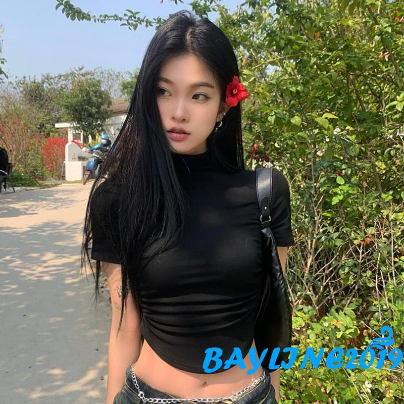 Bay-ผู้หญิงแขนสั้น Crop Tops สีทึบคอจําลองเสื้อยืดฤดูร้อนไม่สม่ําเสมอ Slim Fit เสื้อ Streetwear ราคา ถูกที่สุด ดีลบีเคเค แกลเลอรีภาพที่ 5