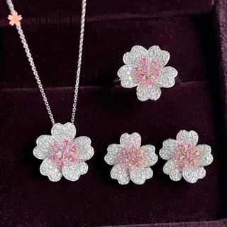 ♥ พร้อมส่ง ชุดเครื่องประดับ สร้อยคอ ต่างหู แหวนเงิน ประดับเพชร คริสตัล สีชมพู เรียบง่าย ของขวัญวันเกิด สําหรับผู้หญิง