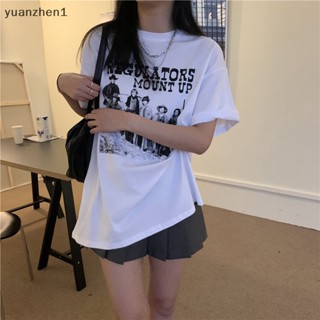 Yuan เสื้อยืดลําลอง คอกลม แขนสั้น พิมพ์ลาย ทรงหลวม สไตล์วินเทจ สําหรับสตรี ZHN