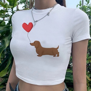 เสื้อครอปท็อป ลายกราฟฟิค Dachshund hippie streetwear 90s 2000s สไตล์แฟรี่ สําหรับผู้หญิง