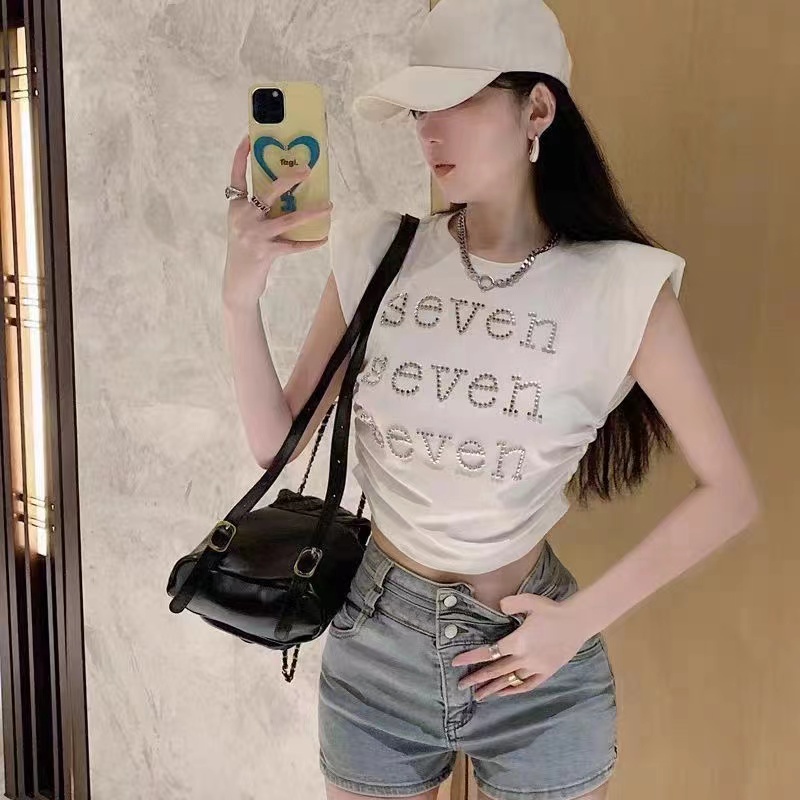 Xiao เสื้อยืดแขนสั้น เข้ารูป พิมพ์ลายตัวอักษร ประดับเพชรเทียม สําหรับผู้หญิง ราคา ถูกที่สุด ดีลบีเคเค แกลเลอรีภาพที่ 6