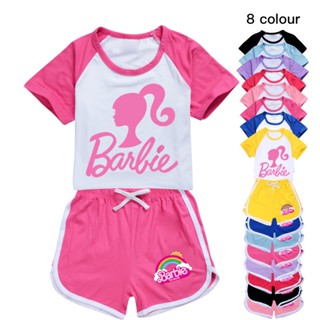 ชุดกีฬา เสื้อยืด กางเกงขาสั้น ลาย Barbie The Movie100-170 สําหรับเด็กผู้ชาย ผู้หญิง AA168