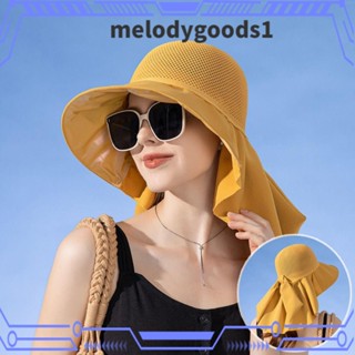 Melodygoods1 หมวกบักเก็ต ป้องกันคอ กันแดด ขายดี พร้อมผ้าตาข่ายคลุมไหล่ ประดับโบว์ เหมาะกับเดินชายหาด สําหรับผู้หญิง