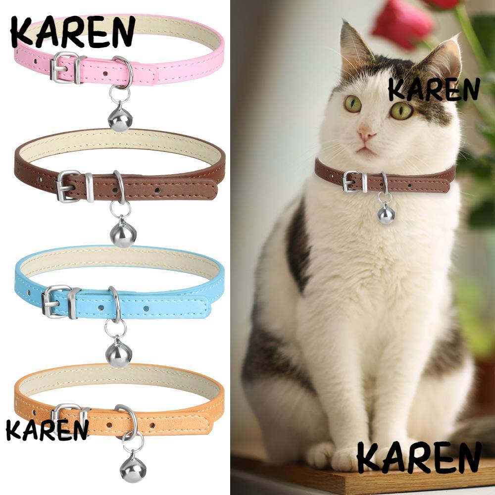 Karen ปลอกคอหนังวัวแท้ แบบนิ่ม สามารถปรับได้ พร้อมกระดิ่ง หลากสี สําหรับสัตว์เลี้ยง สุนัข แมว