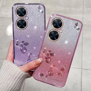 เคสโทรศัพท์มือถือนิ่ม ลายดอกกุหลาบ แต่งกลิตเตอร์ ไล่โทนสี แฟชั่น สําหรับ VIVO Y27 Y78 Y77 Y76 Y36 Y35 Y22 Y22S Y16 Y02T Y02A Y02 V27 V27E V25 Pro V25E V23 V23E 4G 5G