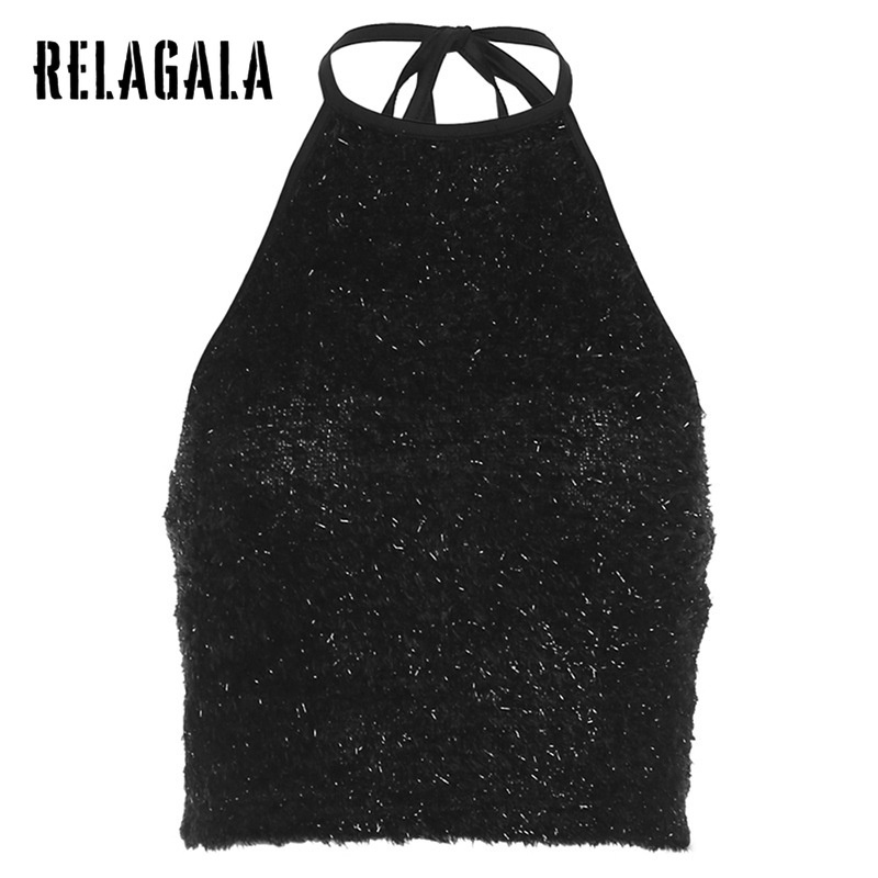 RelaGala Womens New Street Fashion Casual Neck Halter Slim สีทึบอเนกประสงค์แขนกุด Crop Top ราคา ถูกที่สุด ดีลบีเคเค