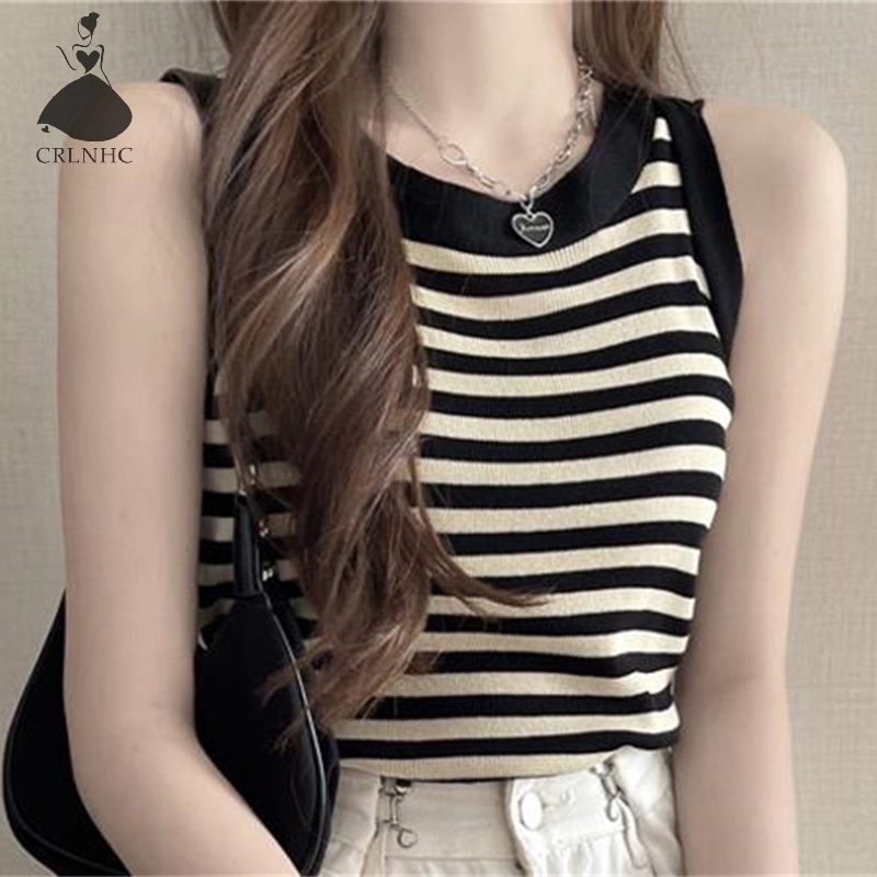 Kans เสื้อสายเดี่ยว คอกลม แขนกุด ผ้าถัก ลายทาง สไตล์เกาหลี สําหรับผู้หญิง TikTok ขายดี TH