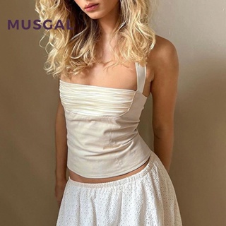 Musgal เสื้อกล้ามลําลอง คอสี่เหลี่ยม แต่งจับจีบ เปิดหลัง เข้ารูป สีพื้น แฟชั่นสําหรับสตรี 2023