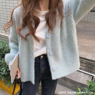เสื้อกันหนาว คอวี ผ้ากํามะหยี่ แบบหนา ทรงหลวม สไตล์ตะวันตก