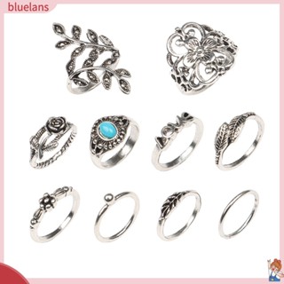 Blu แหวนนิ้วมือแกะสลัก รูปดอกกุหลาบ สีเขียวขุ่น สไตล์เรโทร สําหรับผู้หญิง 10 ชิ้น