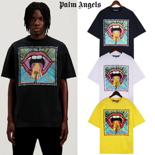 Palm Angels เสื้อยืดแขนสั้น ผ้าถัก พิมพ์ลายปากบ้า สไตล์สตรีท โอเวอร์ไซซ์ ของแท้ 100% สําหรับผู้ชาย