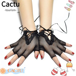 Cactu ถุงมือตาข่าย สีดํา สไตล์พังก์ร็อค โกธิค ดิสโก้ ฮาโลวีน 2 คู่