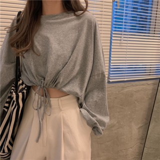 พร้อมส่ง#爵士上衣春季韩版宽松高腰短款长袖白色女恤学生潮露脐秋衣外穿潮8jj