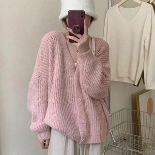เสื้อคาร์ดิแกนกันหนาว แขนทรงค้างคาว ผ้าวูล แบบหนา ทรงหลวม แฟชั่นฤดูใบไม้ร่วง สําหรับผู้หญิง W4Z4