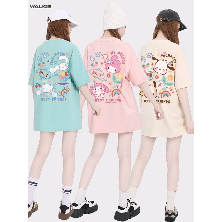 Walkie เสื้อยืดแขนสั้น ผ้าฝ้ายแท้ พิมพ์ลายการ์ตูนอนิเมะ Kuromi My Melody Cinnamoroll น่ารัก ทรงหลวม ขนาดใหญ่ สําหรับผู้ห