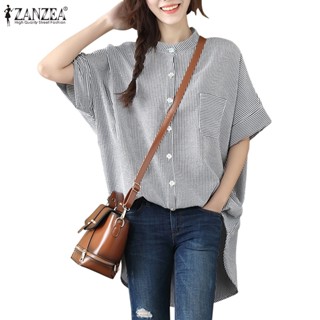 Zanzea เสื้อเชิ้ตลําลอง คอกลม แขนสั้น ลายทาง ทรงหลวม สไตล์เกาหลี สําหรับผู้หญิง