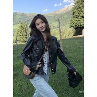 [New autumn] baishiwang early autumn black PU leather coat womens Korean high-grade short loose leather jacket jacket YI4I