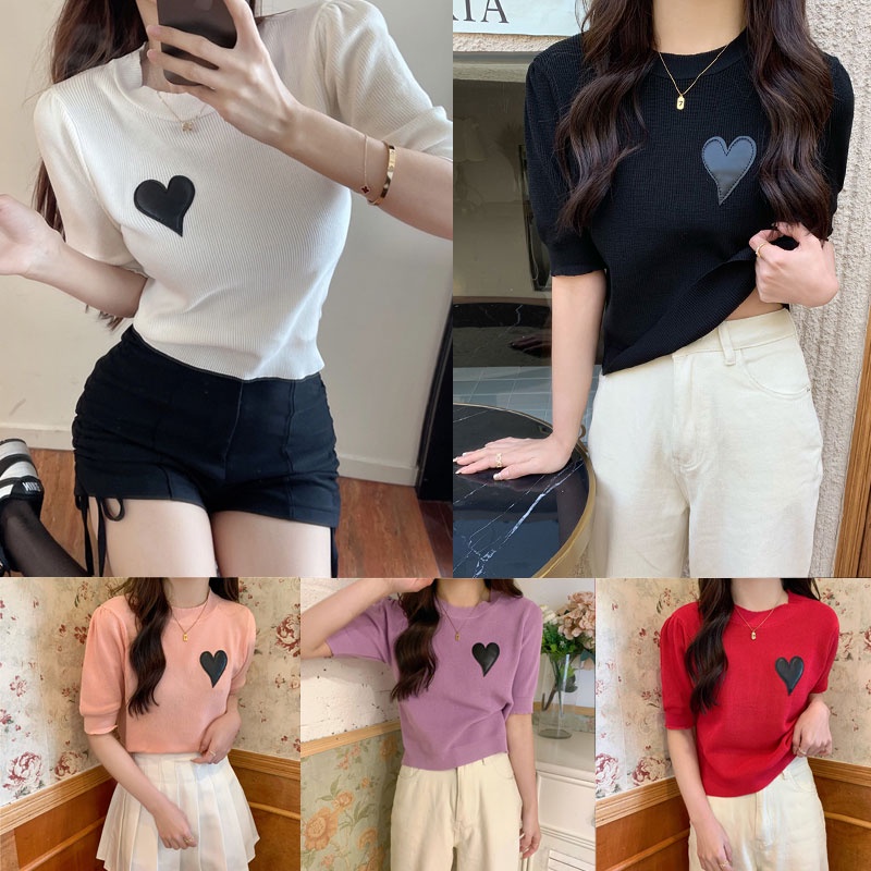 Dahong เสื้อไหมพรมแขนสั้น คอกลม 5 สี ลายหัวใจส ผ้านิ่ม 10039