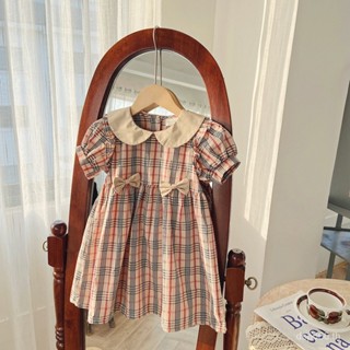 Three-dimensional handmade bow Plaid girls dress 2023 Summer doll collar short-sleeved womens baby dress Ziyang A6XP