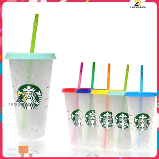 Ready stock 700ml 24oz Starbucks Cup With A Scale Change Cup Cup With The Temperature Changes With Transparent Coffee Cup With A Lid Straw 5pcs ทรอปิคอล_th
