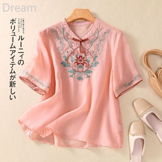 High-end cotton and linen embroidered top artistic retro slimming summer New loose floral blouse for women