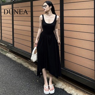 Dunea ชุดเดรสยาว คอยู จับจีบ เอวสูง สีพื้น แฟชั่นใหม่ สําหรับสตรี