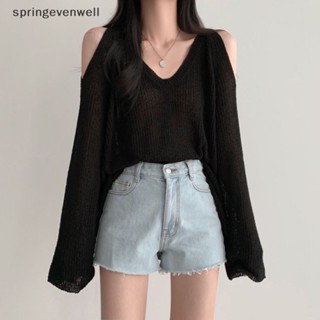 [springevenwell] เสื้อกันหนาว คอวี แขนยาว เปิดไหล่ เซ็กซี่ สําหรับผู้หญิง