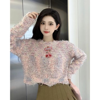 J5YF MIU MIU 2023 spring and summer new letter embroidery cherry logo gradient pink tassel wave hem long sleeve sweater