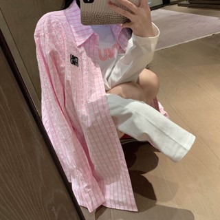 M3V3 MIU MIU 2023 spring and summer new Plaid bubble rhinestone letter shirt casual fashion all-match loose coat college style