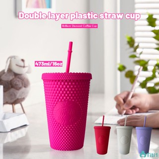 473ml/16oz ถ้วยฟางนำกลับมาใช้ใหม่ขนาดเล็ก Durian Series Diamond Water Cup ถ้วยน้ำพลาสติกสองชั้น Unisex TH1