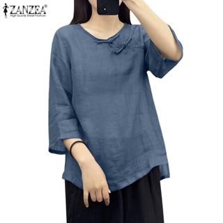 Zanzea เสื้อเบลาส์ คอกลม แขน 3/4 ผ้าฝ้าย ลินิน สไตล์เกาหลี สําหรับผู้หญิง