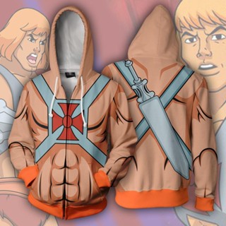 เสื้อกันหนาว มีฮู้ด พิมพ์ลายการ์ตูน He-Man and the Masters of the Universe 3 มิติ แบบมีซิป แฟชั่นสําหรับผู้ชาย