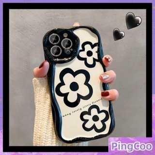 PingCoo - Curved Wave Case For iPhone 14 13 12 11 Pro Max 7 8 Plus XR TPU Soft Glossy Case Cute Little Black Flowers Camera Protection Shockproof Back Cover