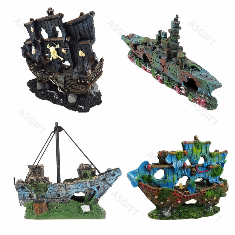 Aquarium Sunk Wreck เรือตกแต่งถังปลา เรือรบ Shelter Cave สําหรับปลากุ้ง Hiding Decor