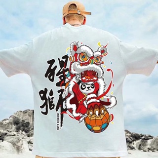 M-8XL Summer personality cartoon lion dance print round neck short-sleeved T-shirt men and women couples tide brand_03