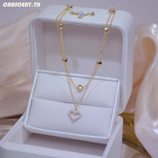 เครื่องประดับ สร้อยคอโซ่ ชุบทอง 14k จี้รูปหัวใจ ประดับเพทาย AAA สไตล์เกาหลี สําหรับผู้หญิง chusoeny
