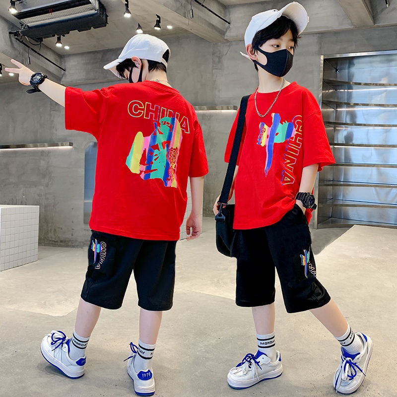 110-160เซนติเมตรเวอร์ชั่นเกาหลีเสื้อผ้าเด็กเด็กชายที่ไม่ซ้ํากันแห่งชาติอินเทรนด์ชุดแขนสั้นขนาดกลางขนาดใหญ่เด็กกีฬาสันทนาการสอง @