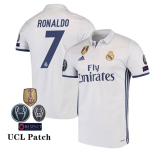 เสื้อกีฬาแขนสั้น ลายทีม Real Madrid 16 17 คุณภาพสูง สีขาว สไตล์วินเทจ