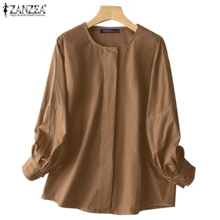 Zanzea เสื้อเชิ้ตลําลอง คอกลม แขนทรงโคมไฟ ชนกัน สีพื้น สําหรับผู้หญิง