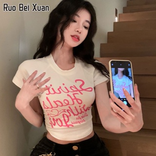 RUO BEI XUAN เสื้อยืดพิมพ์ลายผู้หญิงฤดูร้อนใหม่บางเอวสูงเซ็กซี่แขนสั้นสั้นด้านบน