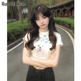 RUO BEI XUAN ฤดูร้อนใหม่สไตล์เกาหลีผู้หญิงพิมพ์สั้นเสื้อยืดสาวร้อน