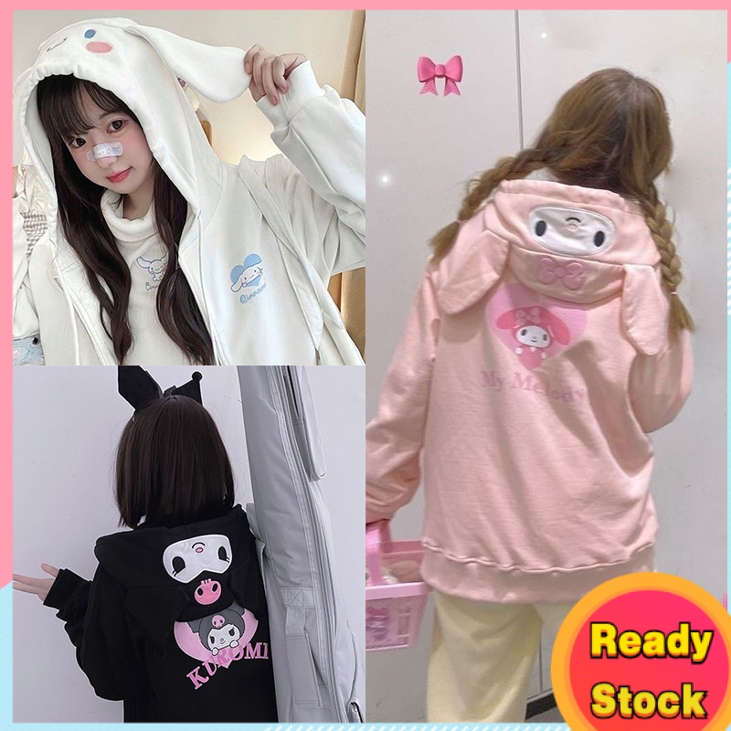 SANRIO พร้อมส่ง เสื้อกันหนาว เสื้อคาร์ดิแกน ผ้าฝ้าย มีฮู้ด ทรงหลวม ลาย My Melody Kuromi Cinnamoroll น่ารัก พลัสไซซ์ สําหรับผู้หญิง