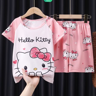 ชุดนอนลําลอง ลายการ์ตูน Hello Kitty แบบเรียบง่าย แฟชั่นฤดูร้อน สไตล์เกาหลี สําหรับเด็กผู้หญิง 2023