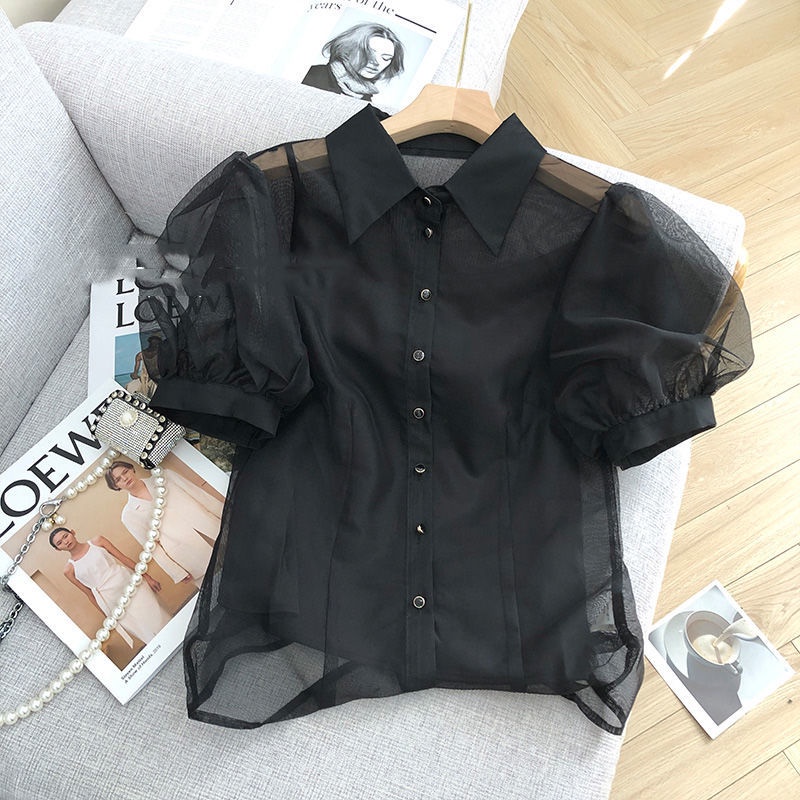 เสื้อเชิ้ตแขนสั้น แขนพัฟ ผ้าโปร่งใส ทรงหลวม สีดํา แฟชั่นฤดูร้อน สําหรับผู้หญิง 2024