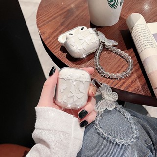 เคสหูฟังบลูทูธไร้สาย ซิลิโคนใส ลายผีเสื้อ พร้อมสายโซ่ลูกปัด สําหรับ Airpods 1 2